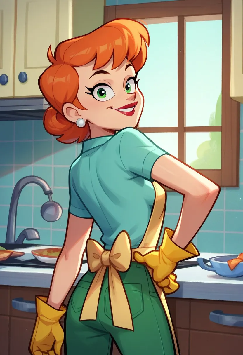 dextersmom, solo, 1girl, aqua shirt, green pants, rubber gloves, orange hair, earrings, apron, short hair, smile, kitchen, lipst...