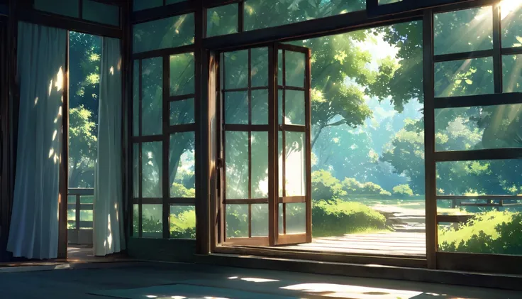 An open window with white, airy curtains gently swaying in the breeze. Outside, a glimpse of lush green trees and clear blue sky can be seen. Sunlight softly filters through, casting dappled light patterns on the floor. The setting is calm and refreshing, ...