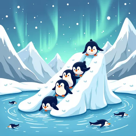  cute penguins slide down the ice hill and go into the water.  The snowflakes are falling gently from the sky ,  There are a few snowy mountains in the background,Beautiful auroras in the sky . Fish are swimming in the water . ((The lines are thick、 must b...