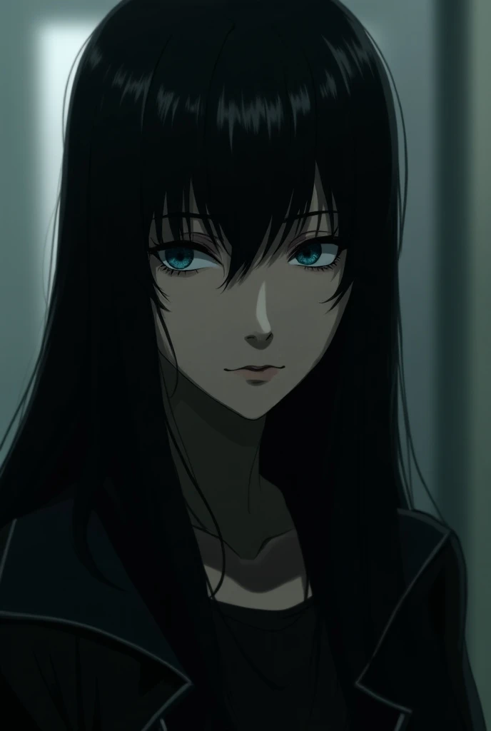 Straight long black hair, NO bangs(meaning no hair infront. Cold blue eyes. Cold features/expression. A senior student whose hidden identity is killing people.