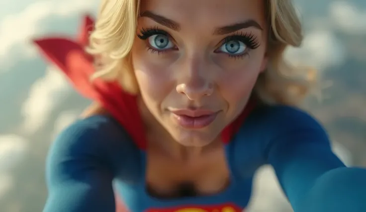 Closeup Selfie style photo, pov, INSANELY SEXY, RIPPED MUSCULAR BUSTY, OOBS SUPERGIRL WEARING THE ORIGNAL SUPERGIRL COSTUME FROM 1950. SOARING WHILE TAKING A SELFIE. 8k, high definition, visible cleavage, she is more to the right side of the image, exposed...