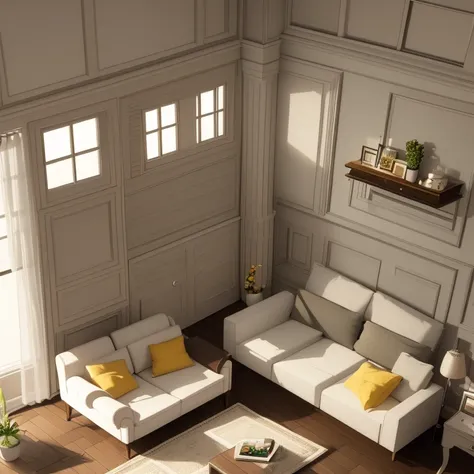  amazingly detailed dollhouse, cozy bedRoom, cute 3d rendering,  attractive lights and shadows ,  white and yellow pillows , architecture, furniture,  inside the house , building, living Room, Room, Mat, plants, home decoration, sofa, chair, interior desig...