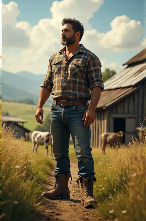 "Picture Cristiano, a hardworking individual, on a farm surrounded by open fields. He’s dressed in rugged jeans, a plaid shirt, and boots, standing beside a rustic barn with animals grazing nearby. Describe the balance between his powerful presence and the...