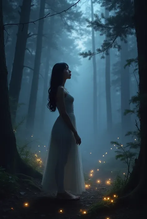 in a dark dark forest, no moon, few stars, the darkness is broken and lit only by the light of fire flies, a cute woman watches in wonder
