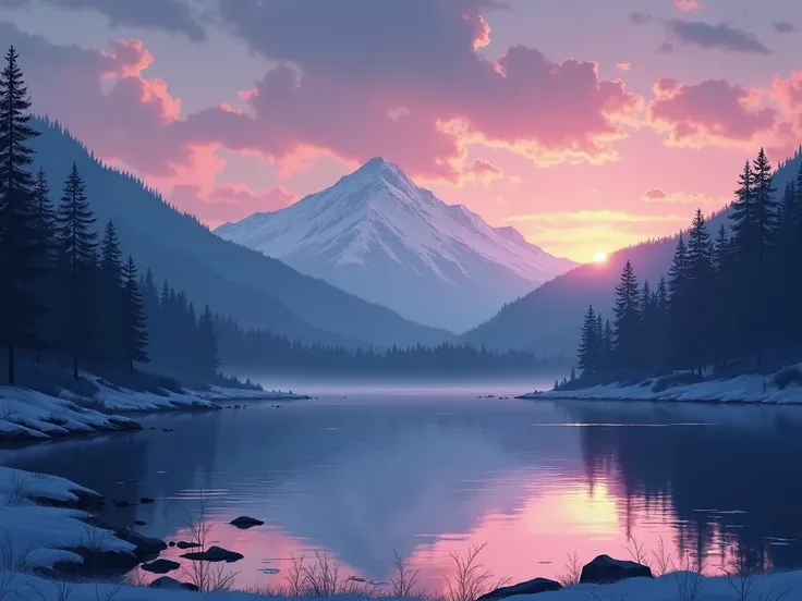 anime-style painting of a large lake in the middle of a deep forest and surrounding it with a mountain full of snow in the background and with a sunset sky almost nightfall. View at the height of the lake as a stop on the shore. Take Tchaikovskys Swan Lake...