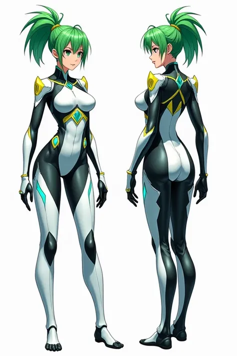 "multiple perspectives, anime-style happy well-endowed female character with green hair in a short high ponytail, wearing a futuristic bodysuit with a sleek design. The suit has a color scheme of white, black, and turquoise, featuring angular metallic deta...