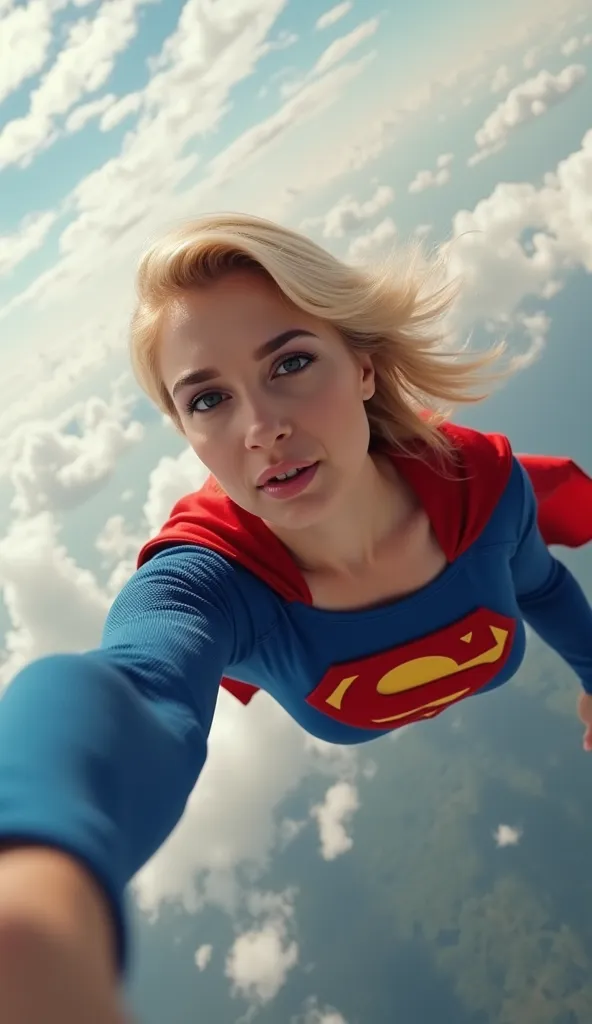 selfie style photo, pov, insanely sexy, ripped muscular busty, boobs supergirl wearing the orignal supergirl costume from 1950. ...