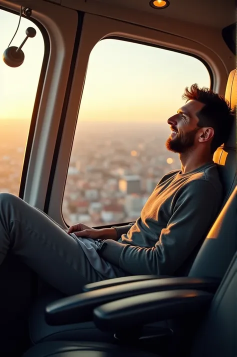  Lionel Messi sitting comfortably in a sleek helicopter, wearing casual attire with a relaxed smile. The interior is modern, with large windows showcasing a stunning aerial view of a city or landscape below. The sunlight filters through, highlighting his f...