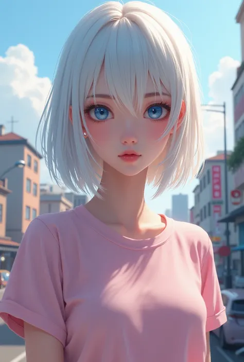 (( is the best quality)), ((masterpiece)), ( detailed),  Perfect Faces .  asian girl. White hair.  blue eyes. Pink T-shirt. City.  Small Breasts .topless