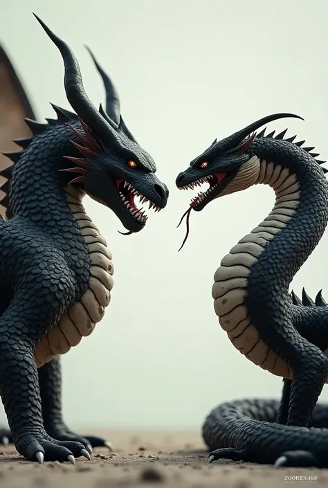 A realistic side-profile image showing a fierce face-off between a dragon and a snake. Both creatures are facing each other, fully visible on a shared background. The scene captures their intense stare as if in a standoff, with intricate details on their s...