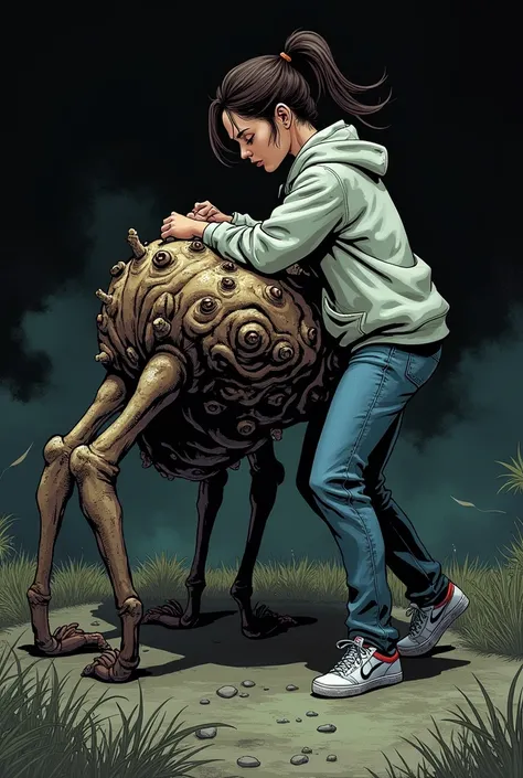 Dark comic style. Melissa, an adult in her 20s with dark brown hair in a ponytail, wearing jeans, sneakers, and a baggy hoodie, grapples intensely on the back of a bizarre four-legged creature with unusual skin and multiple eyes. The scene is dark, with a ...