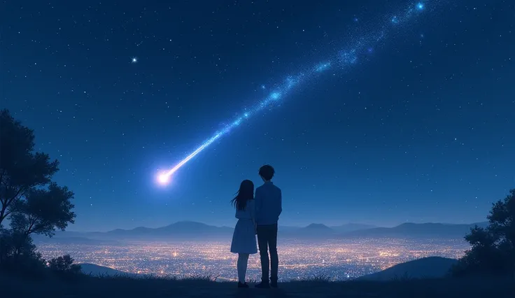 Under the Stars, a boy and a girl , See the city。  The background is a starry sky，The two face the camera ,  and neither of them are showing their faces 。  The sky is dotted with countless stars , A shooting star streaks across the sky,  lighting up the ar...