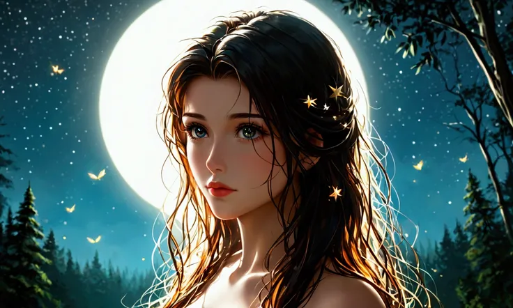 in a dark dark forest, no moon, few stars, the darkness is broken and lit only by the light of fire flies, a cute woman watches in wonder
