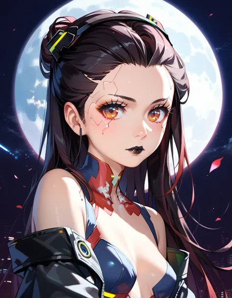 score_9, score_8_up, score_7_up, A beautifully detailed woman, cyberpunk female, long black hair, large eyes, red iris, long eyelashes, detailed facial features, black lipstick, ((cyberpunk facial features)), ((Moon background))
