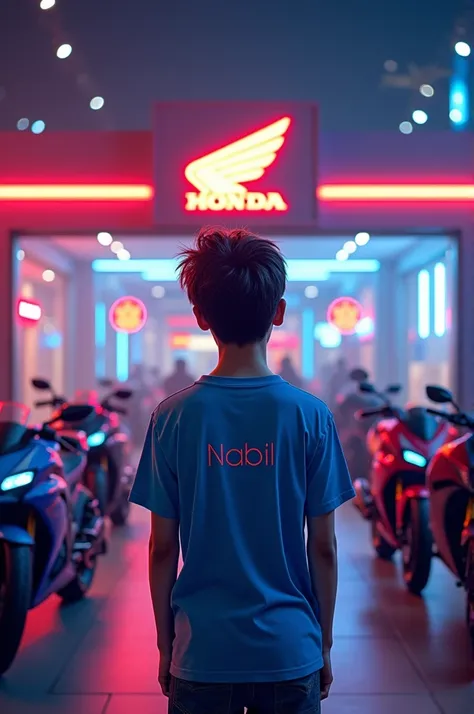 A 18 years boy  in a front of  honda bike showroom, a boy wear blue t shirt ,  NABIL  print on t shirt, one big HONDA Bike  logo on centre on building, showroom is bright with colourful neon light 