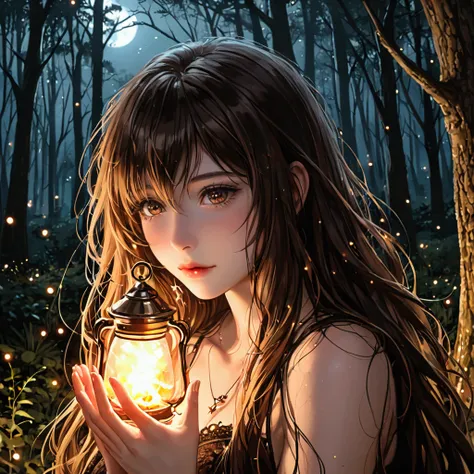 in a dark dark forest, no moon, few stars, the darkness is broken and lit only by the light of fire flies, a cute woman watches in wonder
