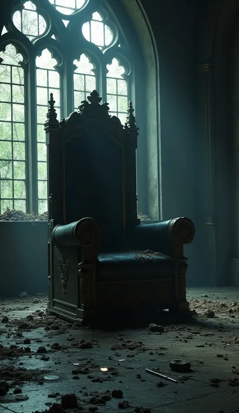 An abandoned throne in a dark, empty room with fading light.