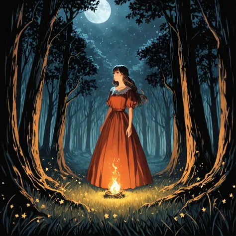 in a dark dark forest, no moon, few stars, the darkness is broken and lit only by the light of fire flies, a cute woman watches in wonder
