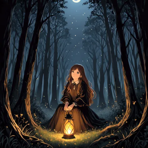 in a dark dark forest, no moon, few stars, the darkness is broken and lit only by the light of fire flies, a cute woman watches in wonder
