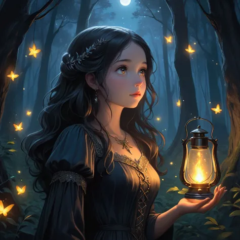 in a dark dark forest, no moon, few stars, the darkness is broken and lit only by the light of fire flies, a cute woman watches in wonder
