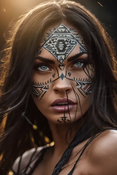 beautiful detailed eyes, beautiful detailed lips, extremely detailed eyes and face, long eyelashes, 1girl, woman, powerfull and beautiful aztec witch, aztec witch, high Photorealistic megan fox, hyper realistic, 8k, masterpiece, ultra-detailed, photorealis...