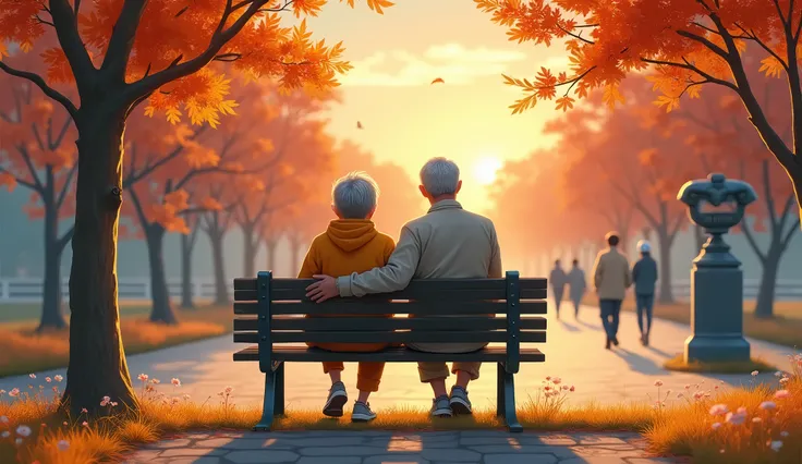 Shot from behind,A scene where Maya and a man on a park bench with a fantastic picture of autumn dusk talk about the past while looking with lovely eyes from the side, Maya has (60 year old ) Sitting somewhat awkwardly and gazing into the distance.,  Kwang...