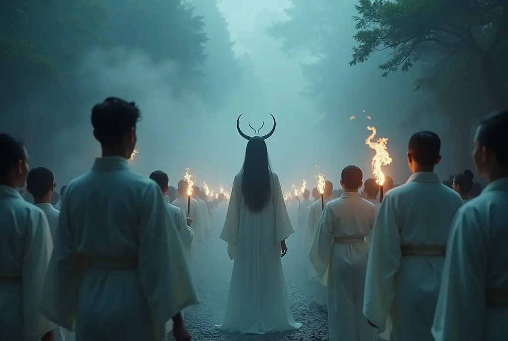 ((masterpiece, highest quality, Highest image quality, High resolution, photorealistic, Raw photo, Extremely detailed CG unified 8k wallpaper)), (huge stunning goddess shot, very hot and sexy, jaw-dropping beauty, perfect proportions, beautiful body, slim body beauty:1.4), Deep in the foggy night forest, a procession of villagers dressed in white kimonos, torches in their hands, worshipping to the mountain god, seen from behind and above,