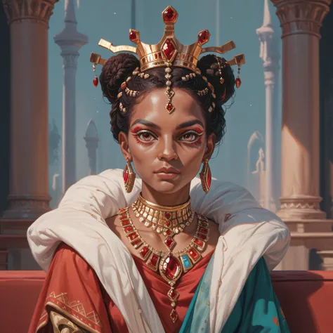 A round, red gemstone crown sits atop a beautiful, African queen, concept art