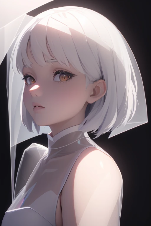   of the highest quality ,The perfect masterpiece, perfect artwork ,official works,8k,, ( upper-body portrait :1.3),((seen from the front close up ,delicate face,, , White-haired girl,(hakuhatsu:1.5),short and medium hair,((Transparent white eyes:1.5)),(  ...