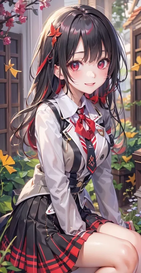 ( Best Quality , High image quality,8k, detailed background of inerity, masterpiece:1.2), beautiful girls,( shiny black and red two-tone hair :1.3),(Long Hair:1.2) ,beautiful red eyes,autumn, school uniform ,blazers,skirt,(zettairyoiki:1.2),A gentle gaze,R...