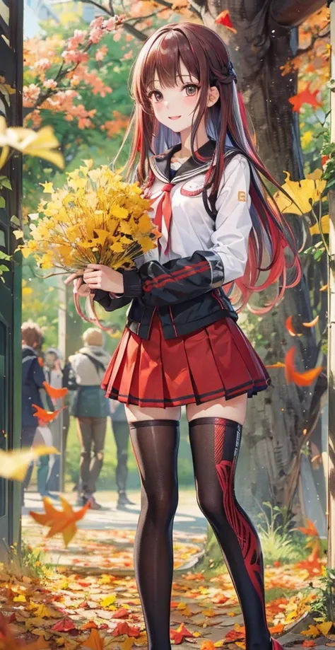 ( Best Quality , High image quality,8k, detailed background of inerity, masterpiece:1.2), beautiful girls,( shiny black and red two-tone hair :1.3),(Long Hair:1.2) ,beautiful red eyes,autumn, school uniform ,blazers,skirt,(zettairyoiki:1.2),A gentle gaze,R...