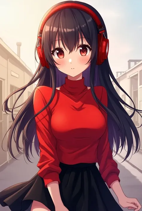 Anime girl with red  ear phone and red clothes and black skirt.ချက်ပေါ်အ၀တ်အစားနဲ့။