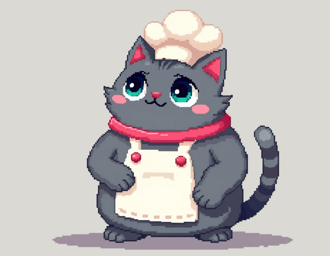  I want an 8-bit style image of a gray cat with a pink collar, Let me be chef 