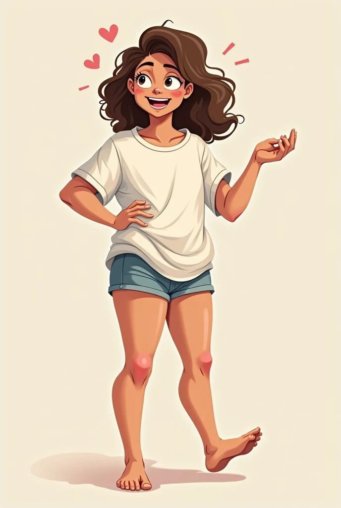 a woman wearing an oversized t-shirt and men’s boxer shorts. She is smiling face. She is squeezing her breasts with one hand and looking inside her underwear with the other in disbelief