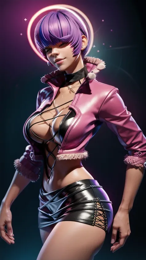 (night), in a video game scene with a neon background and a neon light, standing at attention, pink suit, pink jacket, choker, n...