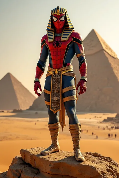 Spider-Man wearing an Egyptian mummy suit on the pyramids