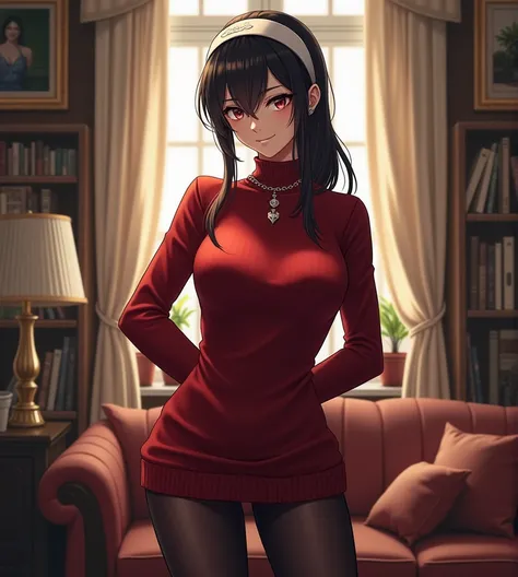 yor forger,1girl,solo,mature,hairband,earrings,jewelry, sidelocks, breasts,red sweater,bangs,white hairband,pantyhose,arms_behind_back,smile,head_tilt, peace sin
BREAK
medmansion, living room, indoors, scenery, no humans, window, clutter, detailed backgrou...