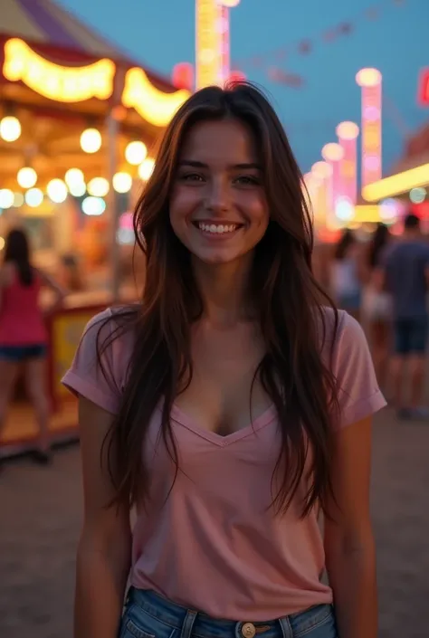 Photograph of (((8k image))) A 20-year-old brunette girl stands at a fair, smiling largely. Her long dark brown hair falls loosely around her shoulders, and she’s dressed simply in a comfy tee and denim shorts. (((deep cleavage))). The fair buzzes in the b...