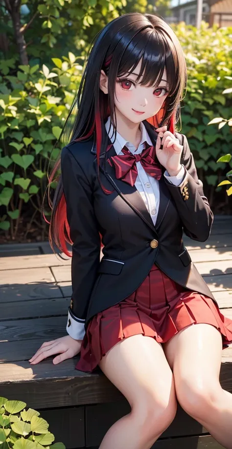 ( Best Quality , High image quality,8k, detailed background of inerity, masterpiece:1.2), beautiful girls,( shiny black and red two-tone hair :1.3),(Long Hair:1.2) ,beautiful red eyes,autumn, school uniform ,blazers,skirt,(zettairyoiki:1.2),A gentle gaze,R...