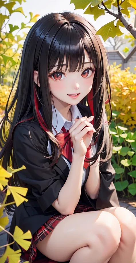 ( Best Quality , High image quality,8k, detailed background of inerity, masterpiece:1.2), beautiful girls,( shiny black and red two-tone hair :1.3),(Long Hair:1.2) ,beautiful red eyes,autumn, school uniform ,blazers,skirt,(zettairyoiki:1.2),A gentle gaze,R...