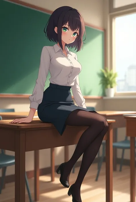 teacher sits on a desk with her legs twisted in anime style