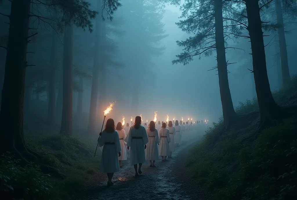 ((masterpiece, highest quality, Highest image quality, High resolution, photorealistic, Raw photo, Extremely detailed CG unified 8k wallpaper)), Deep in the forest at night, with fog rolling in, a procession of villagers dressed in white kimonos, people holding torches in their hands and worshipping to the mountain god, a torchlight procession continues, seen from behind, seen from above,