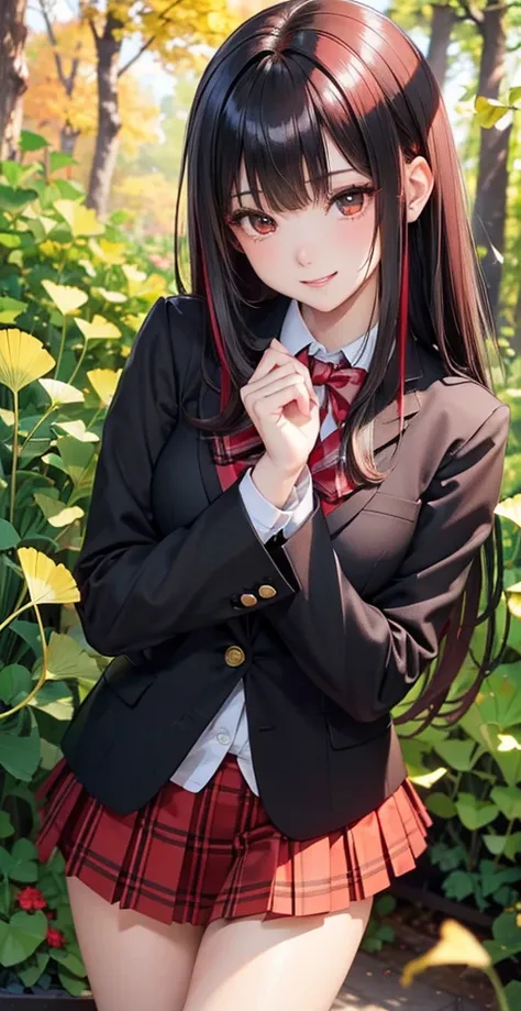 ( Best Quality , High image quality,8k, detailed background of inerity, masterpiece:1.2), beautiful girls,( shiny black and red two-tone hair :1.3),(Long Hair:1.2) ,beautiful red eyes,autumn, school uniform ,blazers,skirt,(zettairyoiki:1.2),A gentle gaze,R...