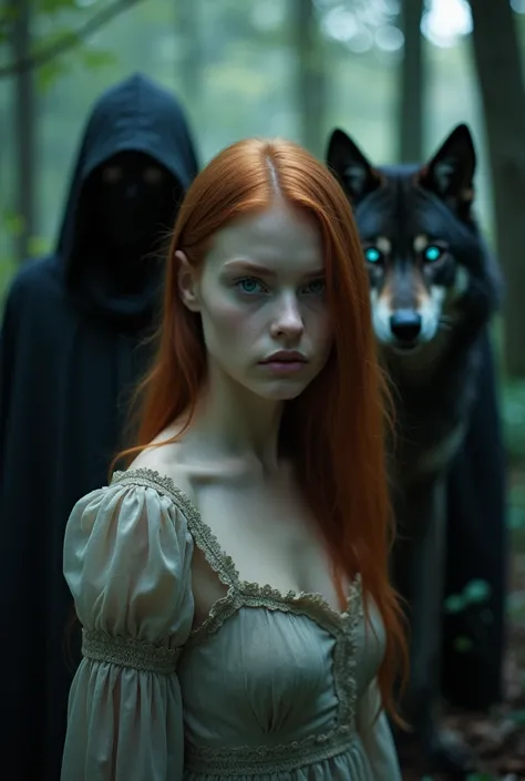 A photo of a beautiful young girl wearing an old dress ,  she has fine and delicate features of an 18-year-old Caucasian redhead with blue eyes and straight hair in a shady forest ,  looking at the camera and on the back of her is a boy with a hoodie and o...