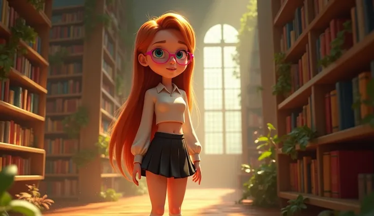 Disney Pixar 3d animated movie character. Real 3d style. Mature. A close up shot of Lyla (a tall, beautiful, cheerleader type fit figure but casual build, Pretty, clear face visible, long straight ginger hair, blue eyes with pink stylish square glasses. Pa...