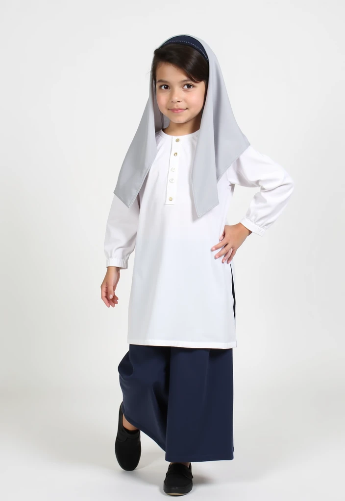 young Girl, black shoes, dark blue long skirt, white baju kurung, white background, tudung sarung cover the boob, muslimah, hijab, real people, no boob, cute face, model pose, smiling
