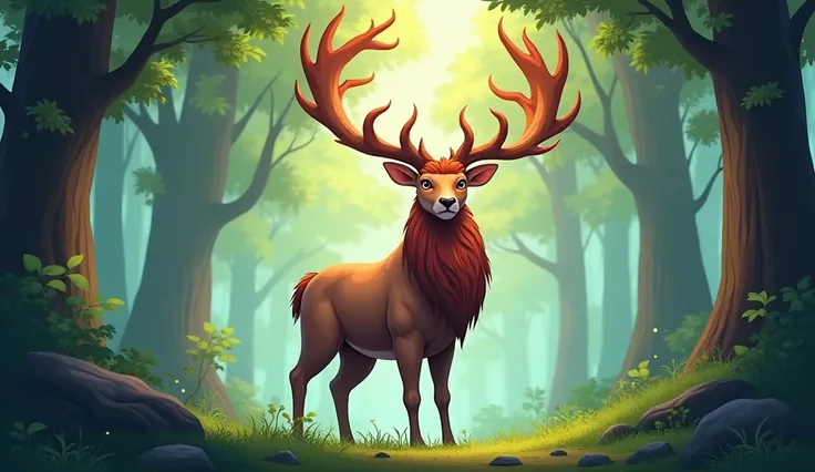 A cartoon magnificent giant stag with big sparkling eyes and antlers reaching high into the air in the forest