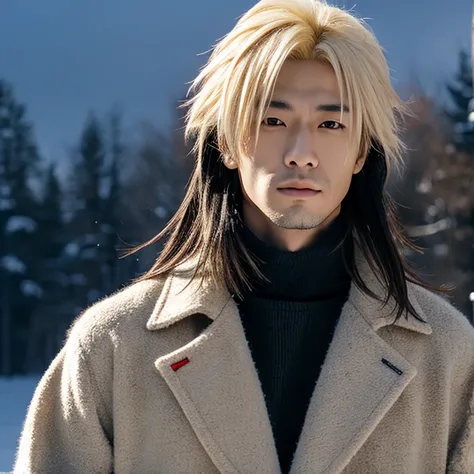 1 man, Japanese man, male, Asian eyes, muscular, broad shoulders,  hairstyle Visual Kei style, hair Visual Kei, stands in a winter landscape, wearing winter clothes, ultra detailed face, hyperrealistic, realistic representation, long hair, long hair, 30 ye...