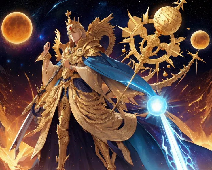 Arafe image of a man with a sword and a golden crown,  concept art inspired by Xul Solar,   cg society contest winners  ,  Under Art in Oil ,  king and ruler of the universe ,  God of celestial bodies ,  God the size of a galaxy ,  as God of the Sun , God ...