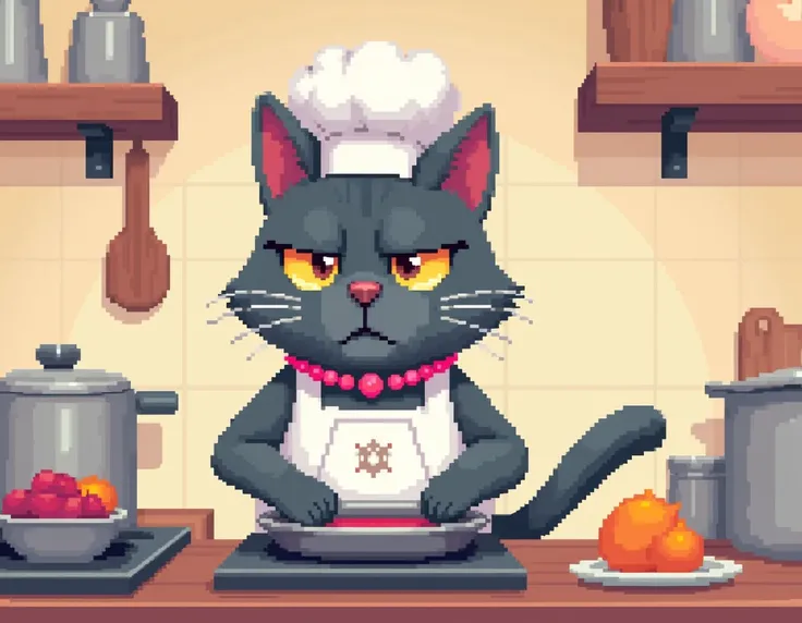 8-bit style image of a serious gray cat with a pink necklace dressed as a chef cooking